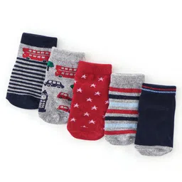 cute walk by babyhug Cutewalk By Babyhug Antibacterial Ankle Length Socks Car & Stripes Design Pack Of 5- Navy Blue Red & Grey-picture-27