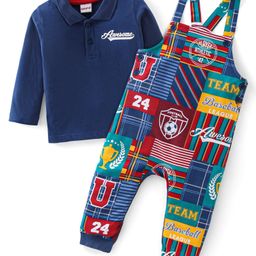 Babyhug Cotton Knit Dungaree with Full Sleeves T-Shirt Graphics Print - Multicolour-image-1
