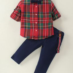 ToffyHouse 100% Cotton Full Sleeves Checkered Shirt & Trouser with Bow & Suspender - Red-picture-42