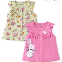 Babyoye  100% Cotton Knit with Eco Jiva Finish Sleeveless  Set of Vests with Frill Detailing Bunny Print - Pista Green & Pink-image-4
