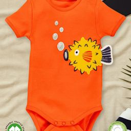 Pranava 100% Organic Cotton Half Sleeves Fish Embroidered Detailed Onesie - Orange-image-7
