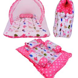 Babytoons Combo of Baby Bed with Net | Carry Bag | 4 Pcs Bedding (Pink, 0-12 Months)-13