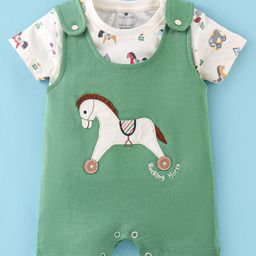 FIRST SMILE Interlock Dungaree Style Romper with Half Sleeves Inner Tee Horse Print & Embroidery - Sap Green-image-14