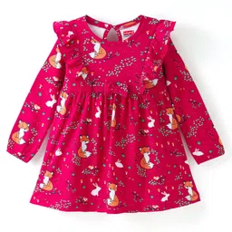 Babyhug Single Jersey Knit Full Sleeves Frock With Animals Print & Frill Detailing - Red-picture-13