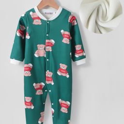 Kookie Kids Full Sleeves Full Sleeves Winterwear Romper with Teddy Bear Print - Green-image-70