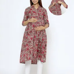 CRAFIQA Three Fourth Sleeves Floral Printed Maternity Kurta With Concealed Zipper Nursing Access - Grey Pink-picture-0