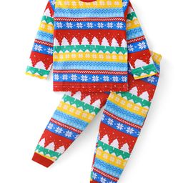 Babyhug Cotton Knit Full Sleeves Night Suit with Christmas Theme Print - White-image-101