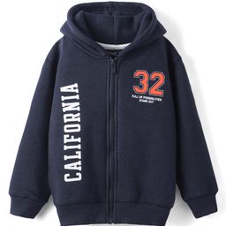 Doreme Fleece Knit Full Drop Shoulder Sleeves Hooded Sweatjacket with Text Print - Navy Blue-image-63