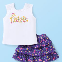 Babyhug Single Jersey Knit Sleeveless Tank Top & Skirt with Floral Print & Love Text Print - White & Purple-image-85