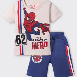 Babyhug Marvel Single Jersey Knit Half Sleeve T-Shirt & Shorts Set With Spider Man Graphics And Badge Detailing - Navy Blue & White-image-58