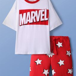 Pine Kids Marvel Single Jersey Knit Half Drop Shoulder Sleeves Oversized Shorts Night Suit with Avengers Graphics - Red & White-image-117
