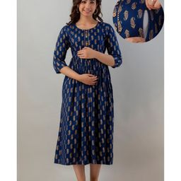 CeleBravo Rayon Three Fourth Sleeves Paisley Foil Motifs Printed Maternity Dress With Nursing Access - Blue-image-16