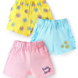 Doodle Poodle Cotton Knit Above Knee Length Shorts With Floral Print Pack Of 3 - Pink Yellow & Light Blue-image-56