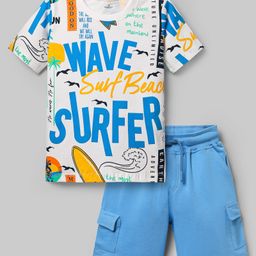 Ollington St. Cotton Half Sleeves Printed T-Shirt & Knit Shorts Set - White & Blue-image-67