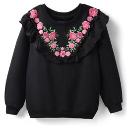 Pine Kids 100% Cotton Full Sleeves Floral Printed Sweatshirt With Frill Design - Black-picture-11