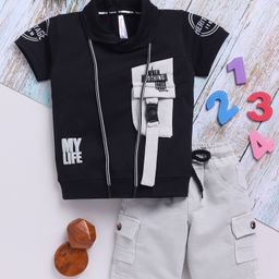 TOONYPORT Cotton Knit Half Sleeves My Life Text Puff Printed Tee & Shorts Set - Black-image-64