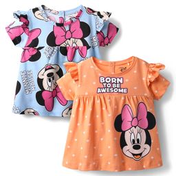 Babyhug Disney Single Jersey Knit Half Sleeves Frock Style T-Shirts with Minnie Mouse Graphics Pack of 2 - Light Blue & Orange-image-21