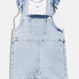 MINI KLUB Cotton Knit Frill Sleeves Mild Washed Dungaree With Geometric Printed Top - White & Blue-picture-41