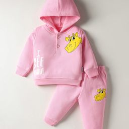 Child World Fleece Knit Full Sleeves Hooded T-Shirt & Lounge Pant Set With Animal Print - Pink-picture-26