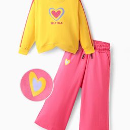 OLLINGTON ST.Cotton Full Sleeves Hearts Printed Sweatshirt & Knit Joggers Set with Print- Yellow & Pink-image-133