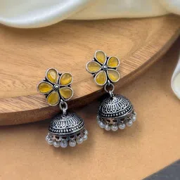 NAMAN ARTS Silver-Plated Artificial Stones Studded & Beaded Dome Shaped Oxidised Jhumkas-17