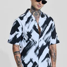 Snitch Men Relaxed Oversized Fit Cuban Collar Abstract Printed Cotton Casual Shirt-image-89