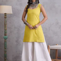 InWeave Striped Sweetheart Neck Kantha Work Cotton Straight Kurta-image-17