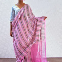Chidiyaa Bougainvillea Evening Rose Handwoven Linen Zari Saree-image-30