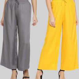 TWIN BIRDS Grey & Yellow Mid Rise Palazzos - Pack Of 2-picture-29