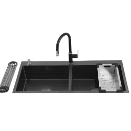 Jayna Combo Series Double Bowl Kitchen Sink Black with Faucet & Accessories 45x20 Inch, COMBO -11A-image-66