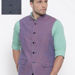 Lombard Men Navy & Pink Reversible Linen Nehru Jacket-16