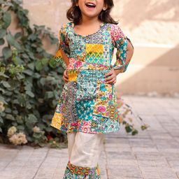 Thread & Button Girls Ethnic Motifs Printed Regular Pure Cotton Kurta with Palazzos-image-64