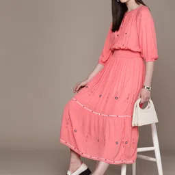 Label Ritu Kumar Floral Embroidered Puff Sleeve Fit & Flare Maxi Dress-picture-35
