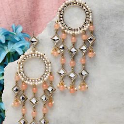 Karatcart Gold-Plated Peach Beads Kundan Dangler Earrings for Women-2