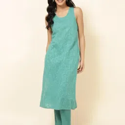 Fabindia Green Cotton Printed Straight Kurta-picture-0
