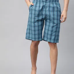 U S Polo Assn Men Teal Blue & White Pure Cotton Checked Lounge Shorts-image-72
