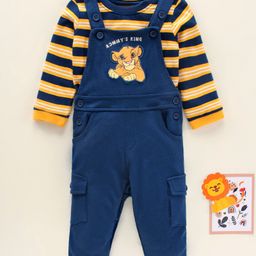 Babyhug Cotton Knit Full Sleeves Tee with Dungaree Set Stripes & Lion King Applique - Blue-image-2