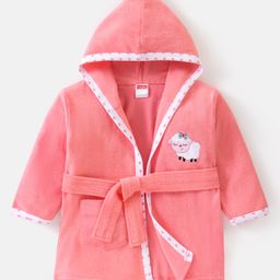 Babyhug Full Sleeves Hooded Terry Bath Robe Sheep Embroidery - Pink-image-97