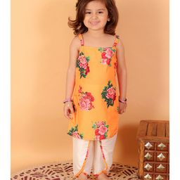 Vastramay Sleeveless Painted Effect Floral Printed Kurta With Coordinating Lace Embellished Overlapped Dhoti - Yellow-image-30