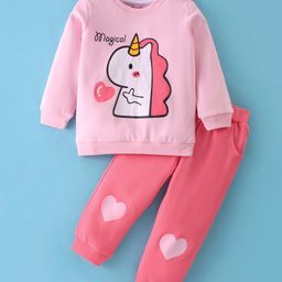 Kookie Kids Full Sleeves Winter Wear T-Shirt and Lounge Pant Set Unicorn Print - Pink-32