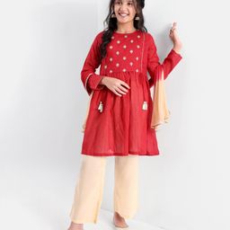 Pine Kids Three Fourth Sleeves Kurti Salwar Set Floral Embroidery - Red-image-50