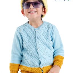 Babyoye 100% Cotton Textured Full Sleeves Front Open Sweater With Cable Knit Design - Blue & Brown-image-29