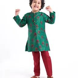 Babyhug Cotton Woven Full Sleeves Lurex Kurta & Pajama Set Floral Print - Green & Maroon-picture-15