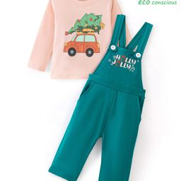 Babyoye 100% Cotton With Eco Jiva Finish Knit Dungaree and Full Sleeves T-Shirt Set Car Print - Green-image-39