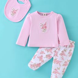 ToffyHouse Cotton Full Sleeves Night Suit with Bib Floral Print - Light Pink & White-image-47