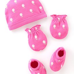 Babyhug 100% Cotton Cap Mittens & Booties Floral Print - Pink-image-57