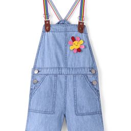 Bonfino 100% Cotton Woven Sleeveless Multi Color Strap Dungaree with Floral Patch - Blue-picture-8