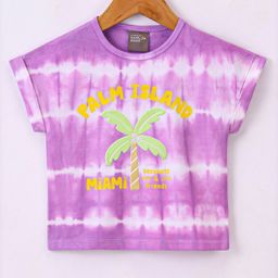 Little Kangaroos Cotton Knit Half Sleeves Tie & Dye Palm Tree Printed T-Shirt - Purple-image-66