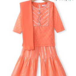 Babyoye Lurex Woven Three Fourth Sleeves Tassle Detailing  Foil Print Kurti With Gharara & Dupatta- Orange-picture-11