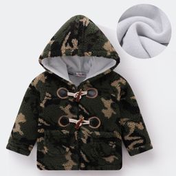 Kookie Kids Full Sleeves Hooded Winter Fur Jacket with Camouflage Design - Dark Green-image-66